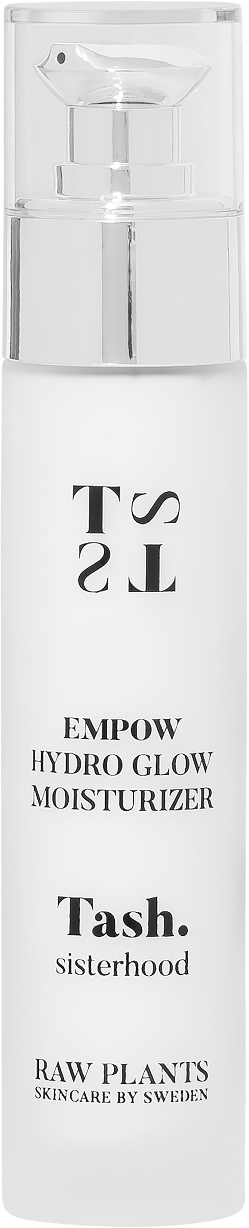 En hvid flaske med pumpe mærket 'Tash. Empower Hydro Glow Moisturizer' med lille tekst og logo.