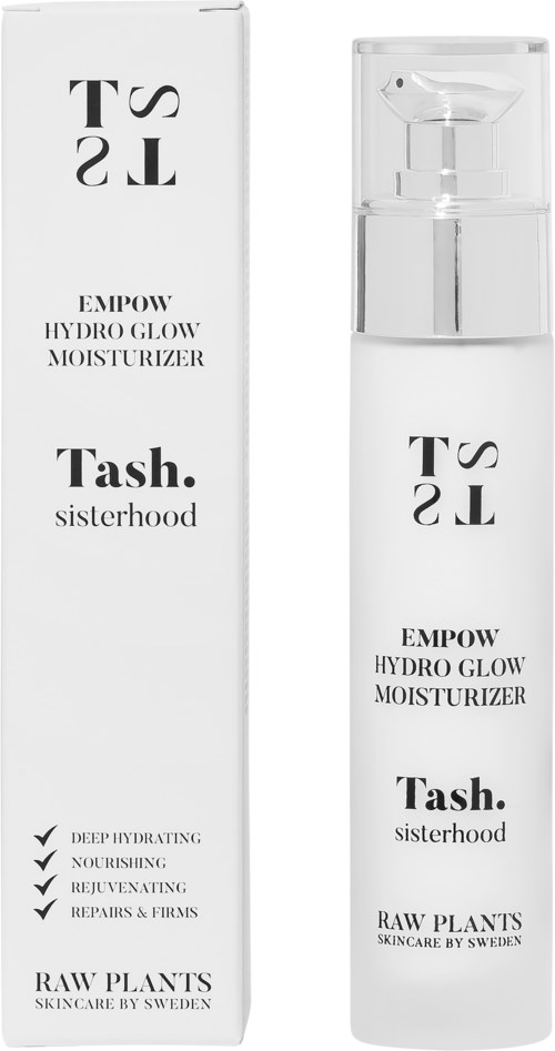 En hvid flaske og boks med sort tekst til hudplejeprodukt, mærket Tash. sisterhood EMPOW HYDRO GLOW MOISTURIZER, fra Raw Plants.