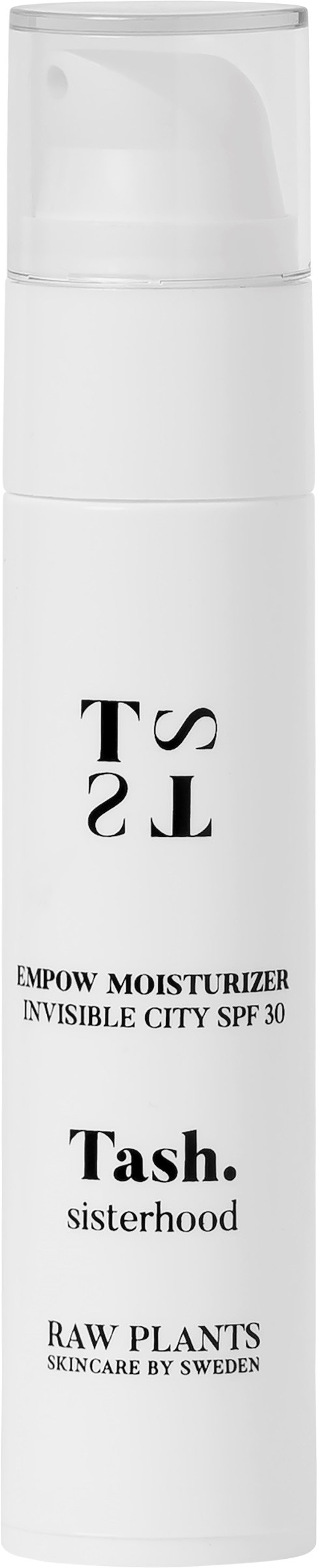 En vit flaska av Tash sisterhood ögonbrynsfuktighetskrem med SPF 30 från Raw Plants, ett hudvårdsvarumärke från Sverige.