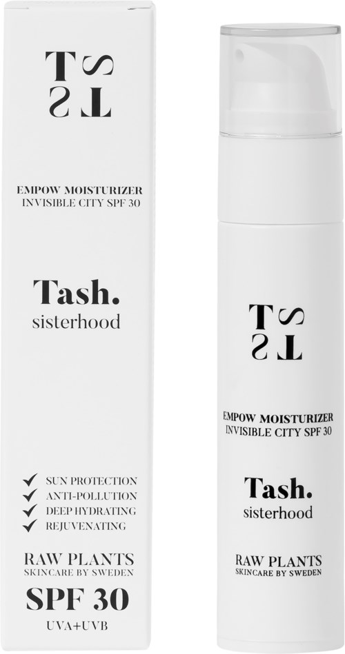 En vit flaska med fuktighetskräm med pump och dess box, märkt Tash. sisterhood, ger solskydd med SPF 30.