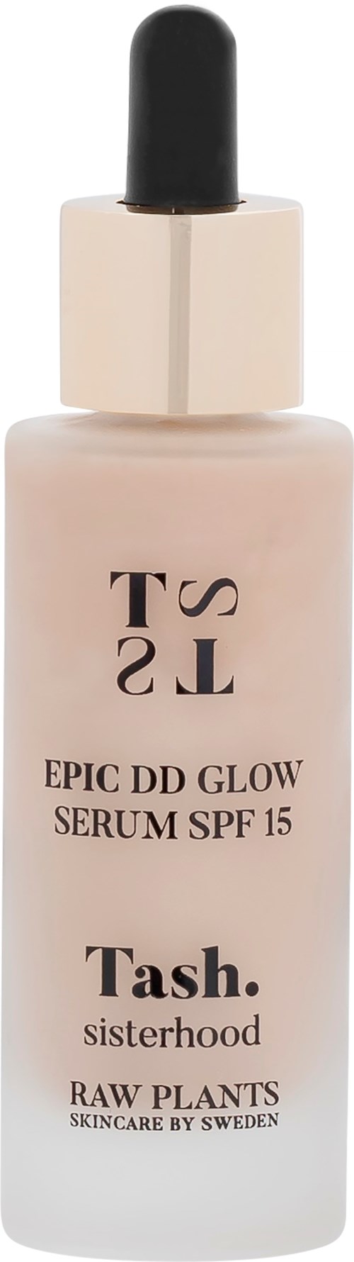 En hudvårdsserumflaska med pipett, märkt Tash Epic DD Glow Serum SPF 15, från Sverige.