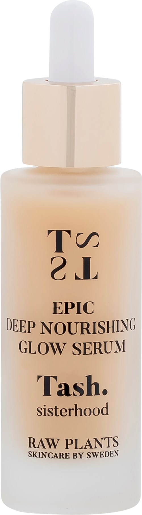 En beige dråpetuttsflaske merket Tash Deep Nourishing Glow Serum med hvit pipettkork.