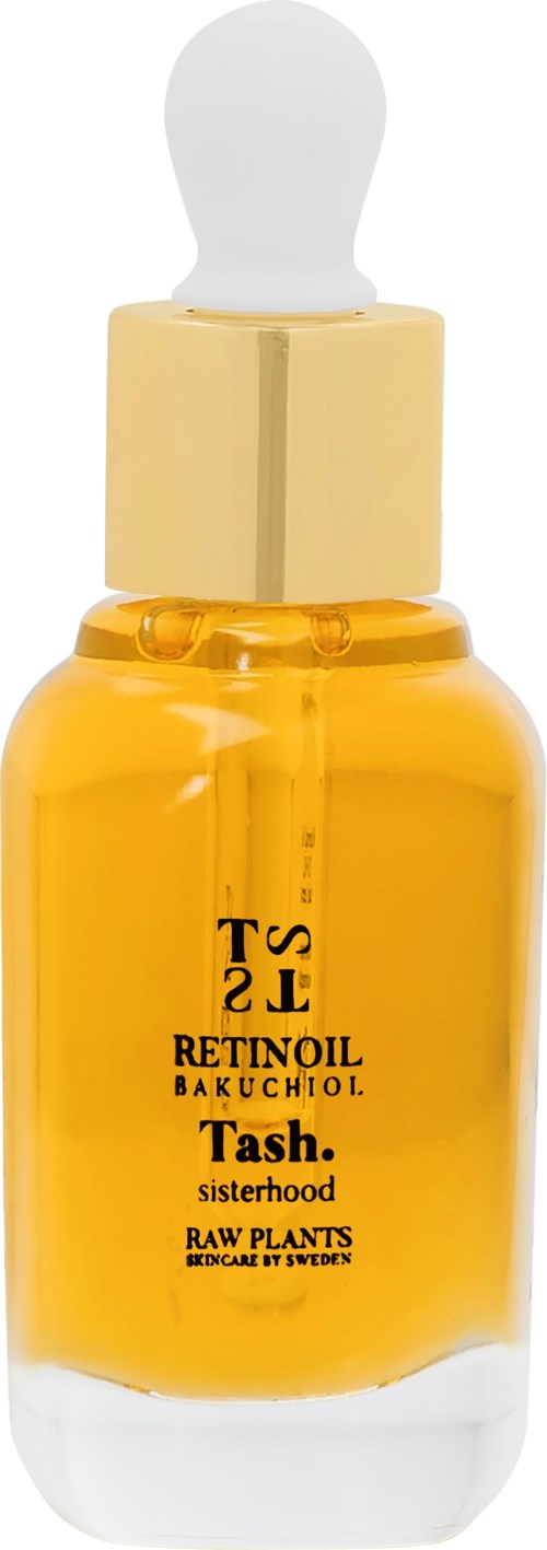 En gul flaska med droppkork som innehåller retinolprodukter, märkt med märke och ingredienser.
