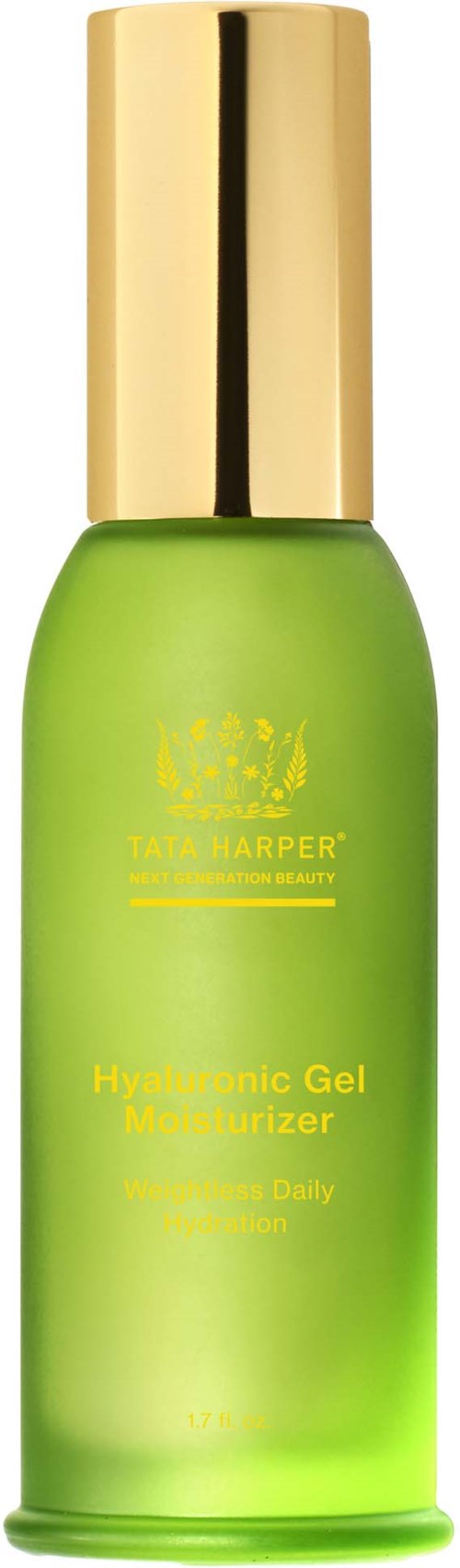 A green bottle with a gold cap, labeled 'TATA HARPER Hydrating Gel Moisturizer.'