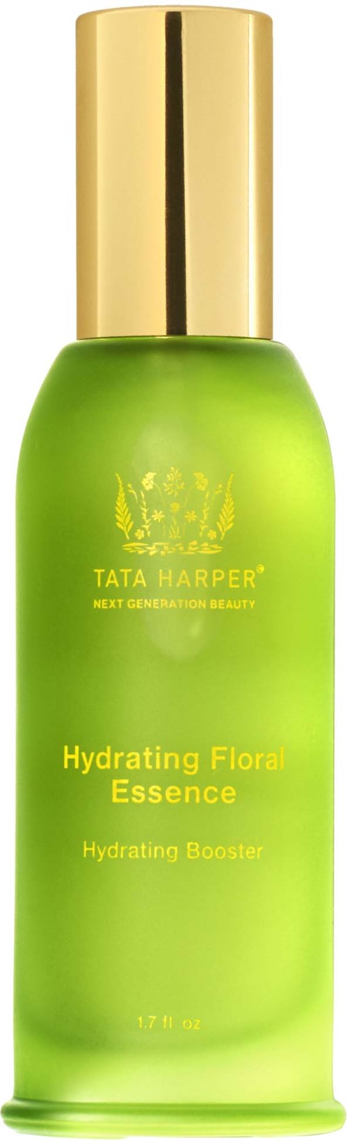Vihreä pullo kultsealust, merkitty Tata Harper Hydrating Floral Essence, kosteutta lisäävä tehoste.