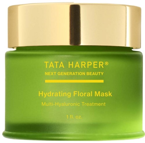 Green jar with a gold lid, labeled Tata Harper Hydrating Floral Mask, multi-hyaluronic treatment, 1 fl. oz.