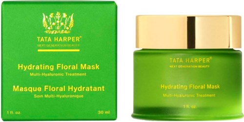 Green face mask jar with a gold lid and matching box for Hydrating Floral Mask by Tata Harper.