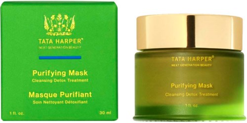 Green jar and box for Tata Harper Purifying Mask, which is a cleansing detox treatment.