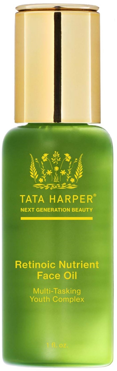 Green bottle with yellow cap, label reads TATA HARPER RETINOIC NUTRIENT FACE OIL, with a plant logo.
