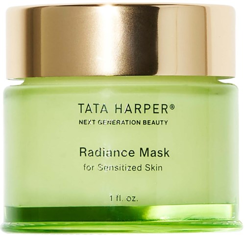 Green jar with gold lid, labeled Tata Harper Radiance Mask for sensitive skin, contains 1 fl. oz.