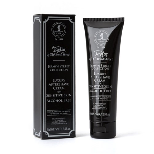 Musta laatikko ja musta tuubi herkkäihoiselle aftershave-voiteelle, alkoholivapaa, Jermyn Street -kokoelmasta.