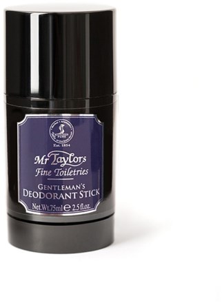 En svart deodorantstång med en lila etikett som säger Mr Taylors och är för män.