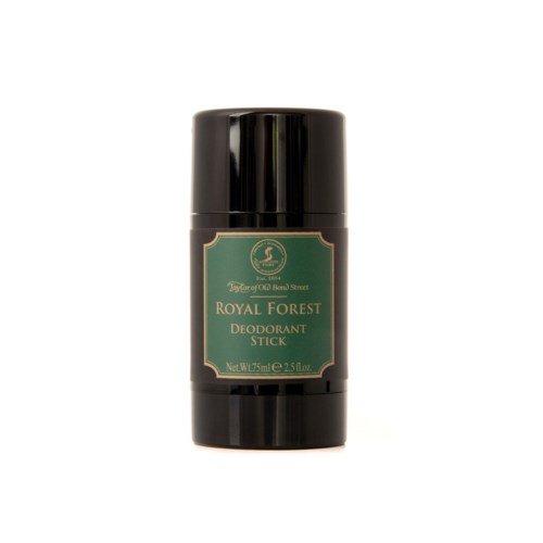 En svart deodorantstift med en grön etikett som säger 'Royal Forest' och 'Deodorant Stick' i guld bokstäver.