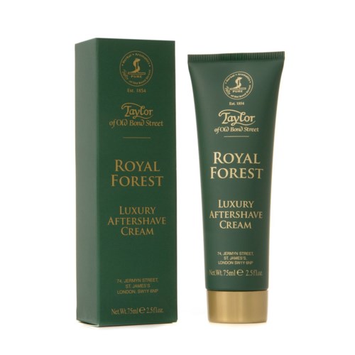 Vihreä laatikko ja putki Taylor Royal Forest luksus aftershave -kremillä kultaisilla yksityiskohdilla ja tekstillä.