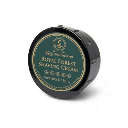 Pyöreä purkki Royal Forest -vaahdokreemille, sininen etiketti ja kultakirjaimin.