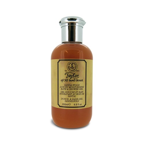 A small bottle of Taylor of Old Bond Street Sandalwood luxury moisturizing bath and shower gel.
