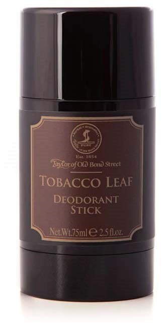En svart deodorantstift med en brun etikett som säger 'Tobacco Leaf Deodorant Stick.'