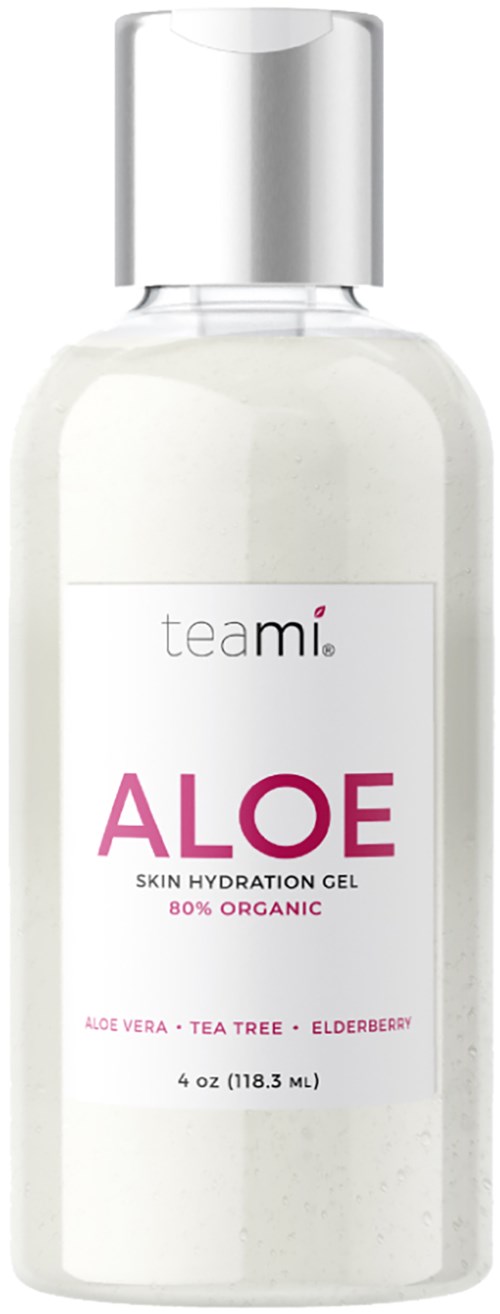 En vit flaska med silverlock, märkt 'ALOE' och 'SKIN HYDRATION GEL', innehållande aloe vera, tea tree och elderbär.