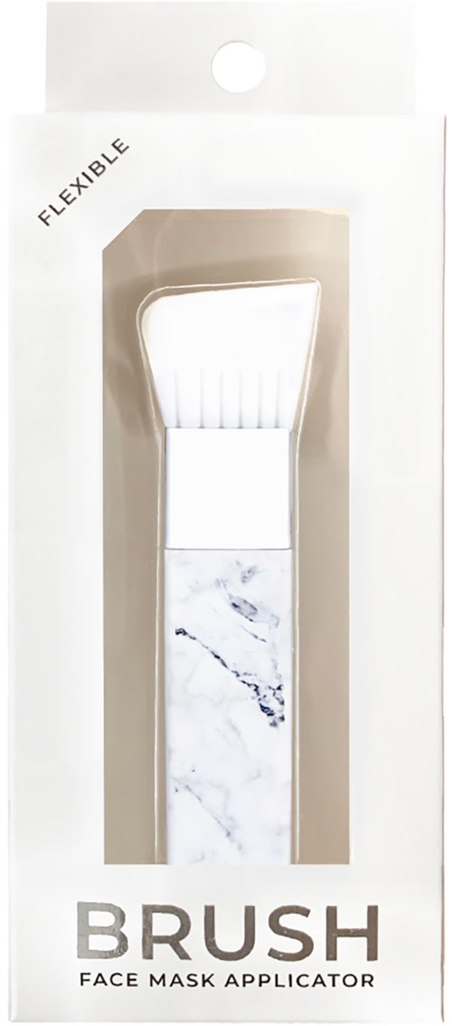 En vit ansiktsmaskapplikator med marmordesign på handtaget, i en mest vit låda, märkt 'Brush.'