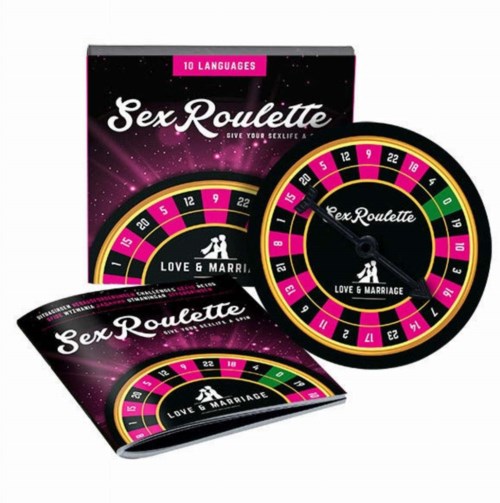 Kolorowa, okrągła gra z numerami i wskazówką, używana do miłości i małżeństwa, nazywa się Sex Roulette.