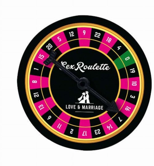 Koło ruletki z różowymi, czarnymi i żółtymi sekcjami, oznaczone 'Sex Roulette' i 'Love & Marriage.'
