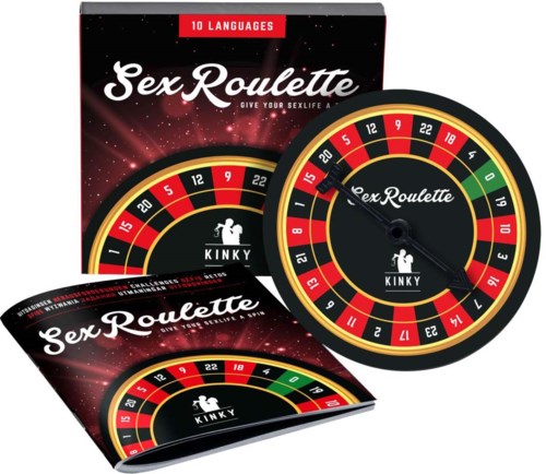 Zabawna gra dla dorosłych o nazwie Sex Roulette z kołem pokazującym liczby w kolorze czerwonym, żółtym i zielonym oraz pudełkiem z instrukcjami.