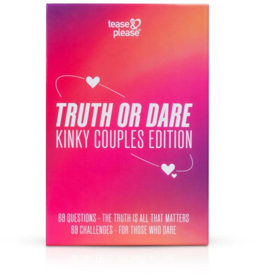 różowa i pomarańczowa pudełko do gry zatytułowane "Truth or Dare Kinky Couples Edition" z serduszkami i tekstem o pytaniach i wyzwaniach.