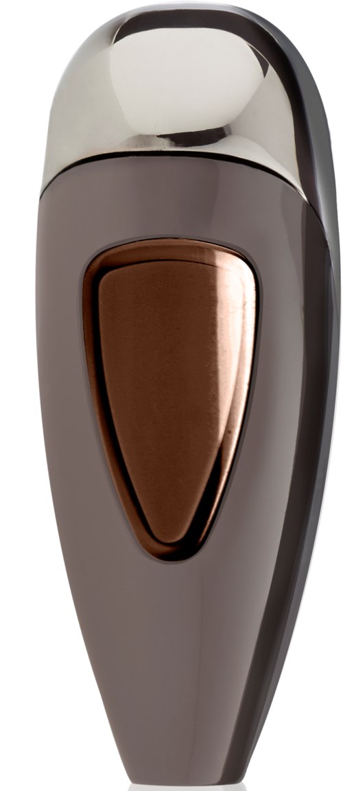 En liten enhet med glänsande silvertoppar, brunt mitthäl och en stor brun knapp, troligen en epilator.