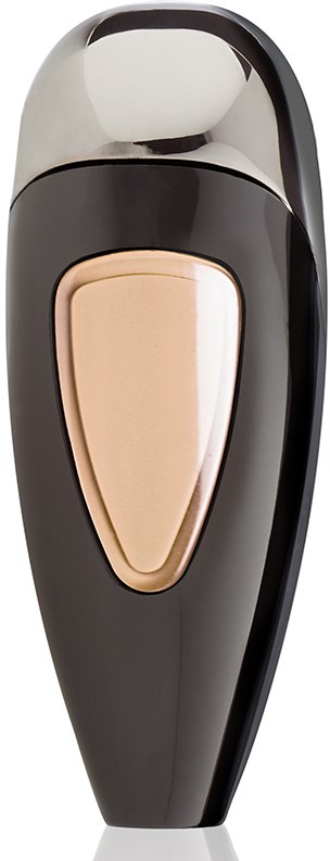En svart och silver enhet med en stor beige knapp, troligen en rakhyvel eller trimmer.