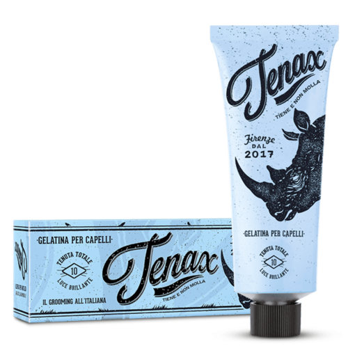 A tube of hair gel with a black and blue design and a packaging box. The brand name Tenax is visible.