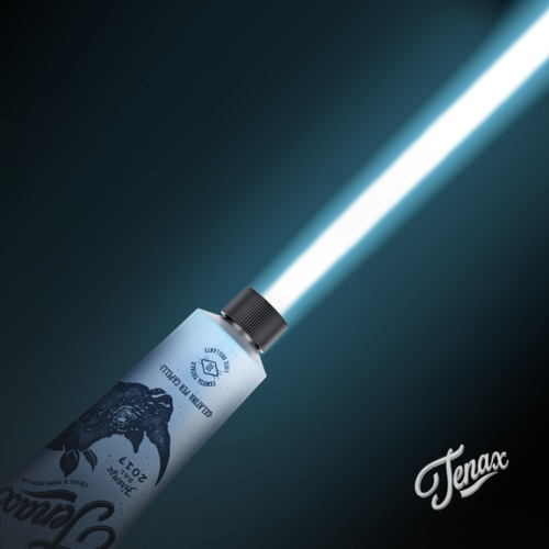 A tube lights up, emitting a bright, blue-white beam against a dark background. The tube has a logo and text on it.