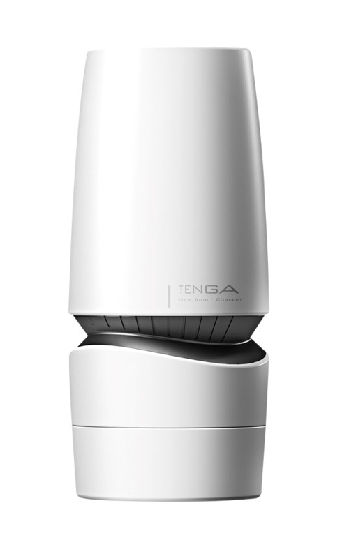 Een witte, slanke elektronische apparaat met een ronde basis en een hogere, taps toelopende top, gemarkeerd TENGA.