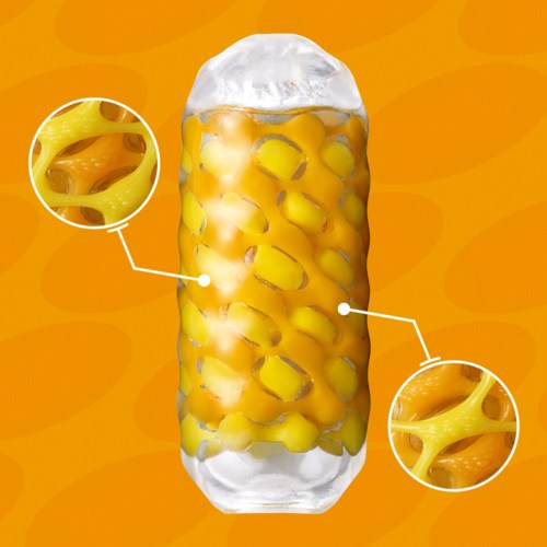 Bildet visar en schematisk bild av ett kapsel med närbilder av dess gula, kladdiga inre delar på en orange bakgrund.
