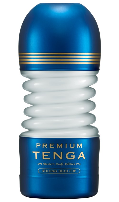Een blauwe en witte container met gouden strepen, gemerkt "PREMIUM TENGA," ontworpen voor een rollende kopbekertje.