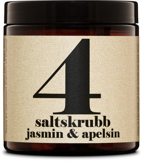 En burk med en etikett som säger '4 salt scrub jasmine & apelsin' på.