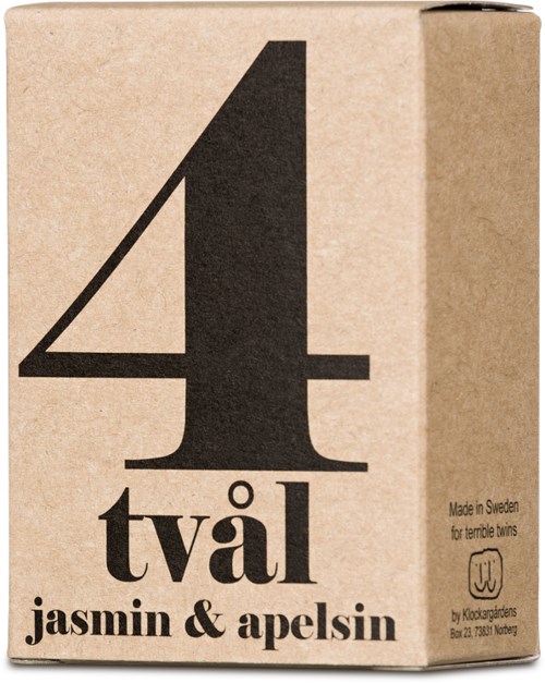 En pappeske med stort nummer 4 og ordene "två" og "jasmin & apelsin" på, laget i Sverige.