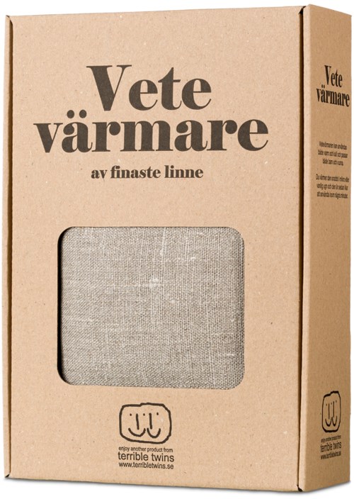 En papkasse indeholder en varmer lavet af fineste linne, med tekst og et lille gennemsigtigt vindue, der viser produktet.
