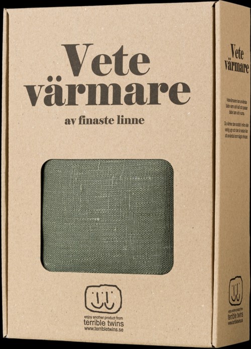 Pudełko z napisem "Vete värmare" z okienkiem i logo na dole.