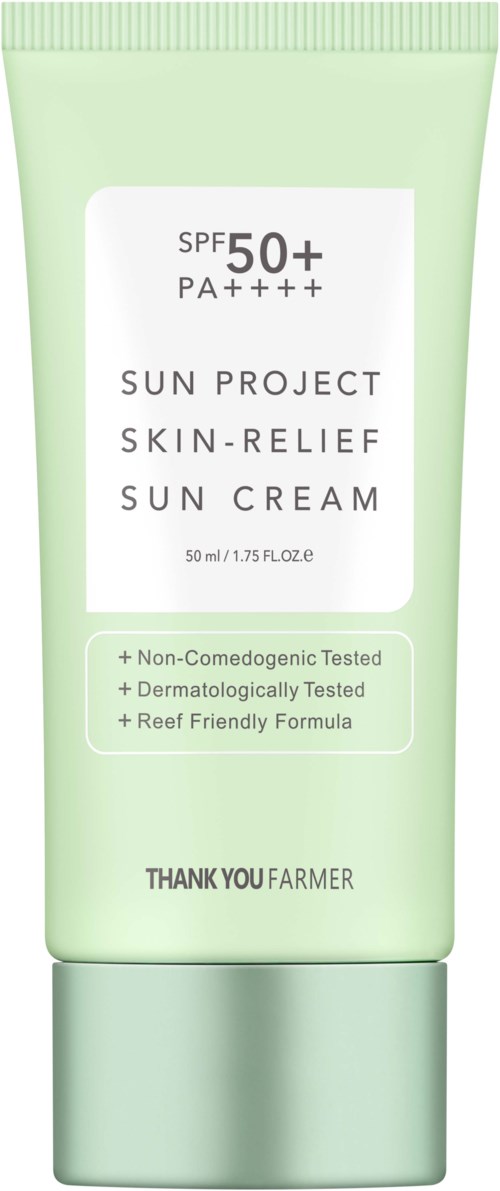 Groene tube zonnebrandcrème met SPF 50+ en PA++++, label Sun Project Skin Relief, lichtgewicht en dermatologisch getest.