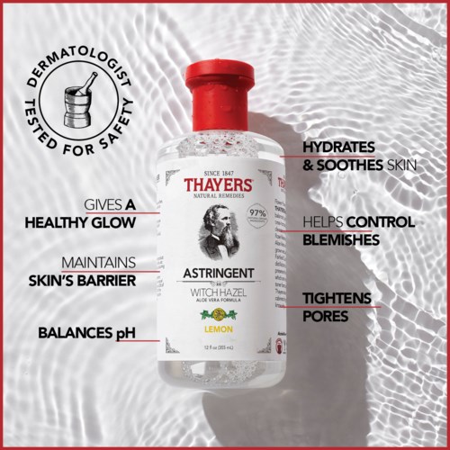 En flaske med Thayers Witch Hazel-toner med sitron, som fremmer hudfukting, beroliger og strammer porene.