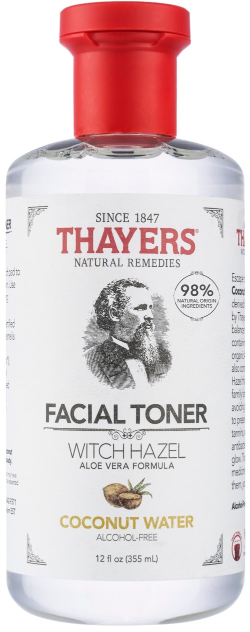 Thayers ansiktsvann med witch hazel og kokosvann, alkoholfritt, 355 ml flaske, et bilde av en historisk figur.