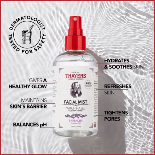 Ansikts mist i en klar sprayflaske med rød lokk, lavender duft, fukter og oppfrisker huden, balanserer pH, strammer porer.