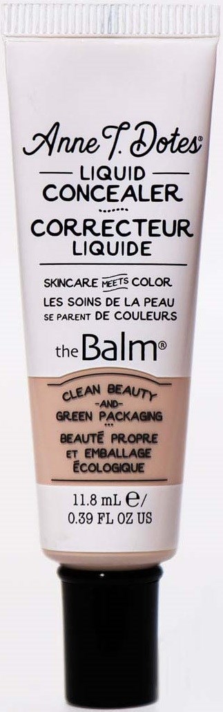 Tube med concealer med sorthætte, hvid og beige mærkat, mærkenavn Anne F. Dotes, produktinfo på engelsk og fransk.