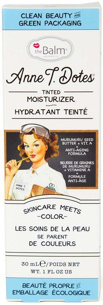 En eske med tonet fuktighetskrem fra the Balm, med en vintageskisse av en kvinne som påfører sminke og tekst om ingredienser.