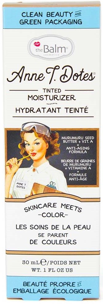 En æske med farvet fugtighedscreme med en retrostil illustration af en kvinde, der påfører makeup.