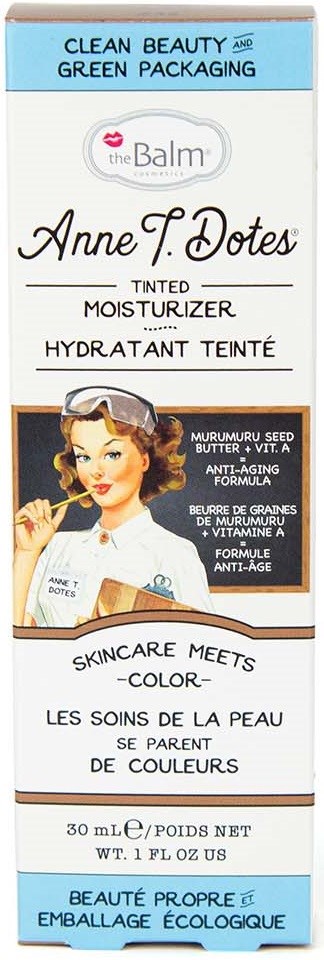 En eske med tonet fuktighetskrem med en vintage-stil illustrasjon av en kvinne, litt tekst om ingredienser og miljøvennlig emballasje.