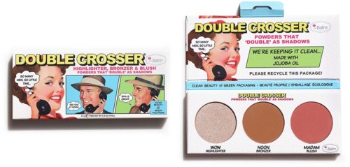 Makeup-palett med highlighter, bronzer och rouge i en färgglad låda.