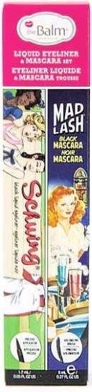 En lyserød og lilla boks til makeup kaldt 'theBalm' med tegneserieillustrationer af kvinder og makeupartikler.