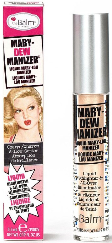 Et skønhedsprodukt med en indpakning og en flaske, der viser en kvinde med blond hår og makeup, kaldet Mary-Dew Manizer.