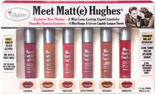 Set of six lipstick shades labeled 'Meet Matt(e) Hughes' by theBalm, in pink and nude tones, with lips illustrations.